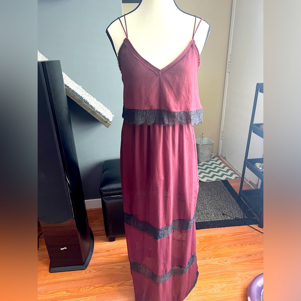 Burgundy Maxi Dress with Lace Trim